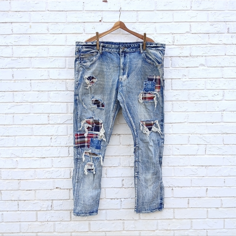 Smoke Rise Jeans Plaid Patchwork Slim Distressed